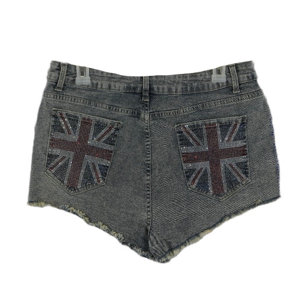 Romwe Denim Shorts Women's Size 1XL Acid Wash Rhinestone Flags Americana Cut